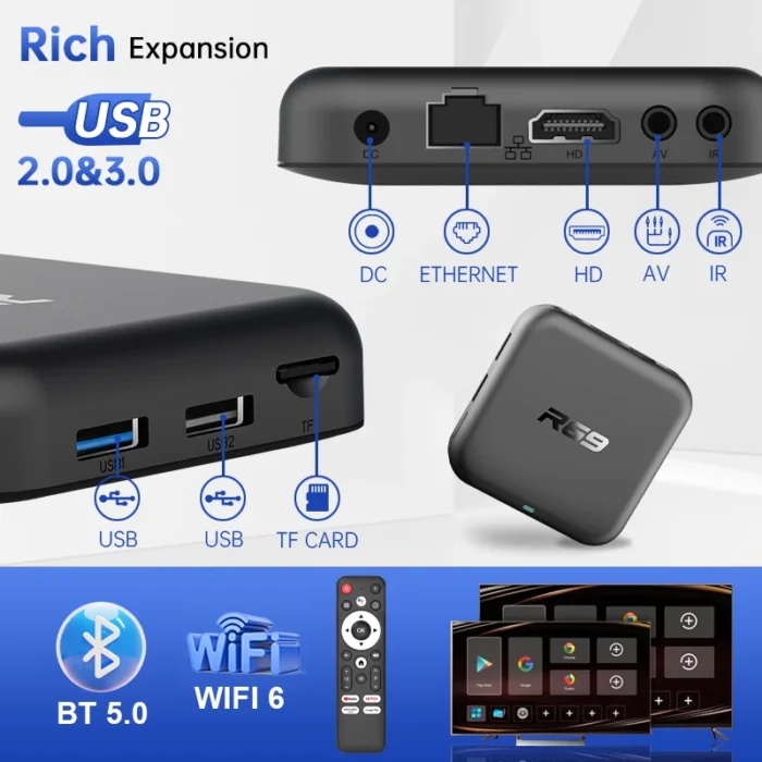 2025 Global Edition R69 Android 14 TV Box Wifi 6 with Bluetooth 5.0 Google YouTube Media Player Set-Top Box Support Voice remote - Image 6