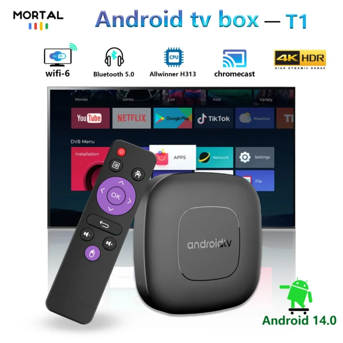 Smart Android 14 TV Box Mortal T1 WIFI6 Voice Control Home Theater AllwinnerH313 Bluetooth 4K HDR - Image 1